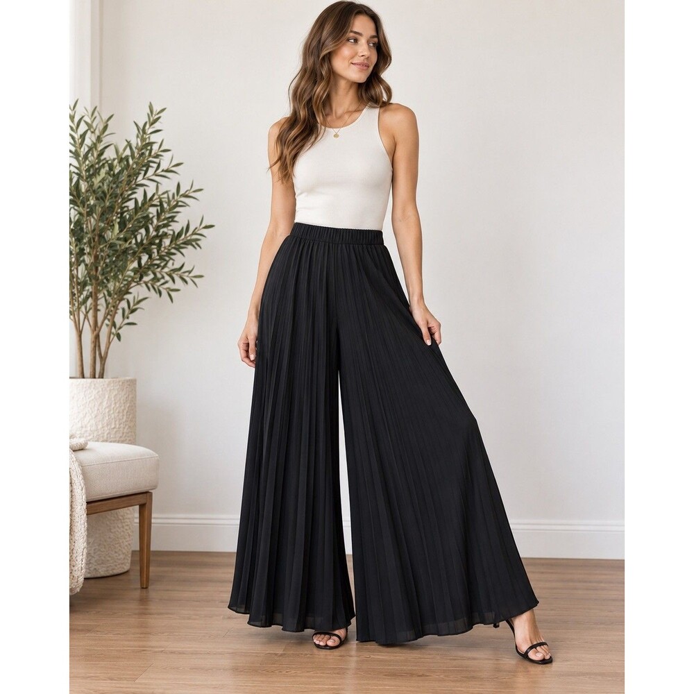 ZARA Women’s Black Pleated Wide-Leg Pants Size S Elastic Waist Inseam 30"